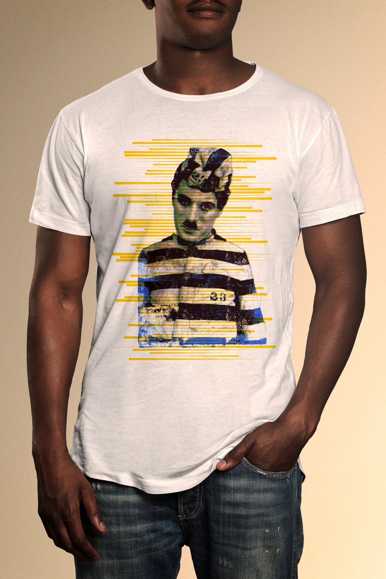 Charlie Chaplain Prison Yellow Stripes T-Shirt - Official Radio Days Licensed Product